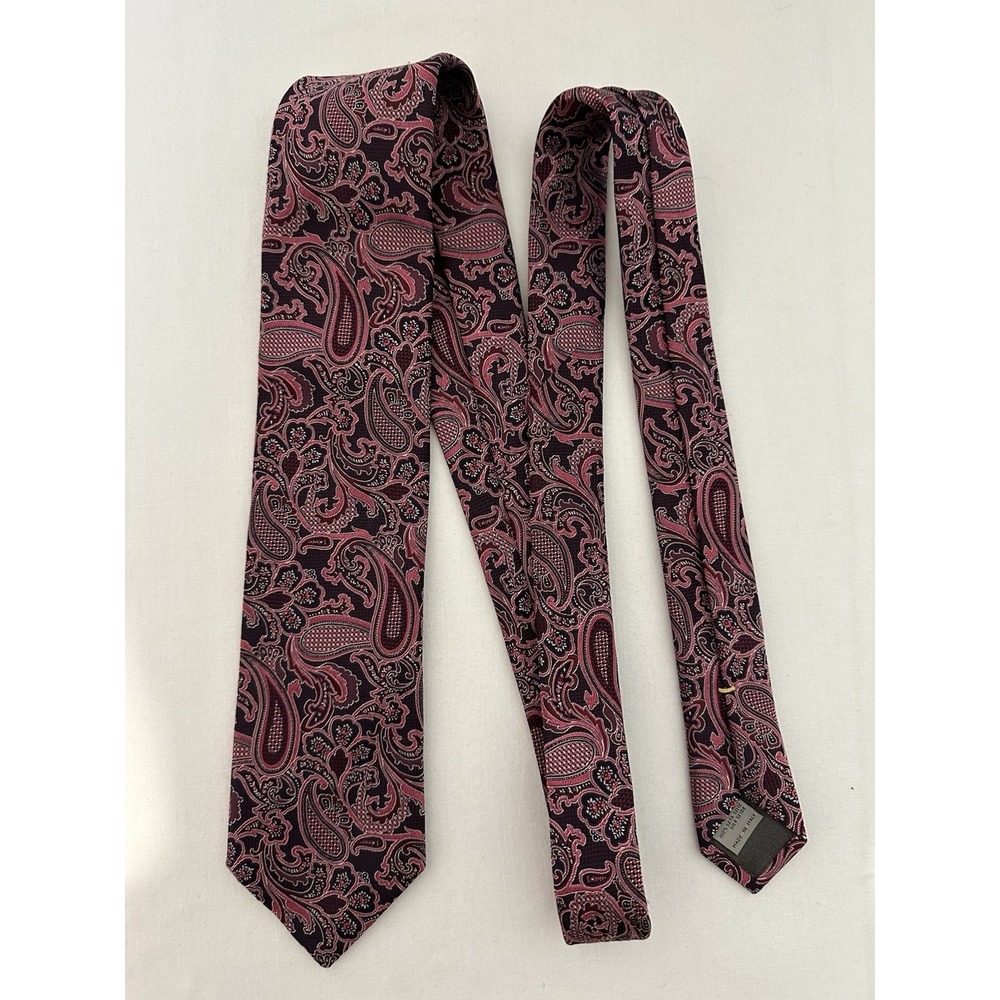 Canali Mens Silk Tie Pink Black Paisley Print Made In Italy‎